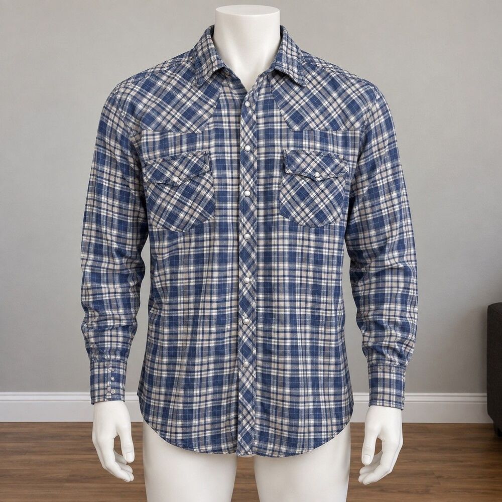 Pearl Snap Western Shirt Mens XLT Blue Plaid Outlaw Cowboy Rodeo Tall Cotton